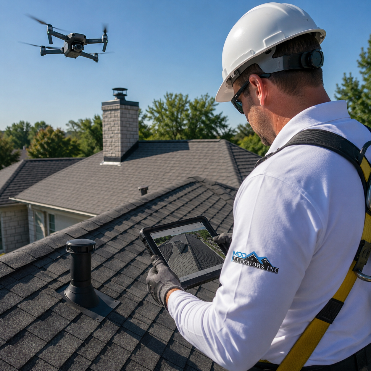 MDD Exteriors Inc. roof inspection with drone and tablet