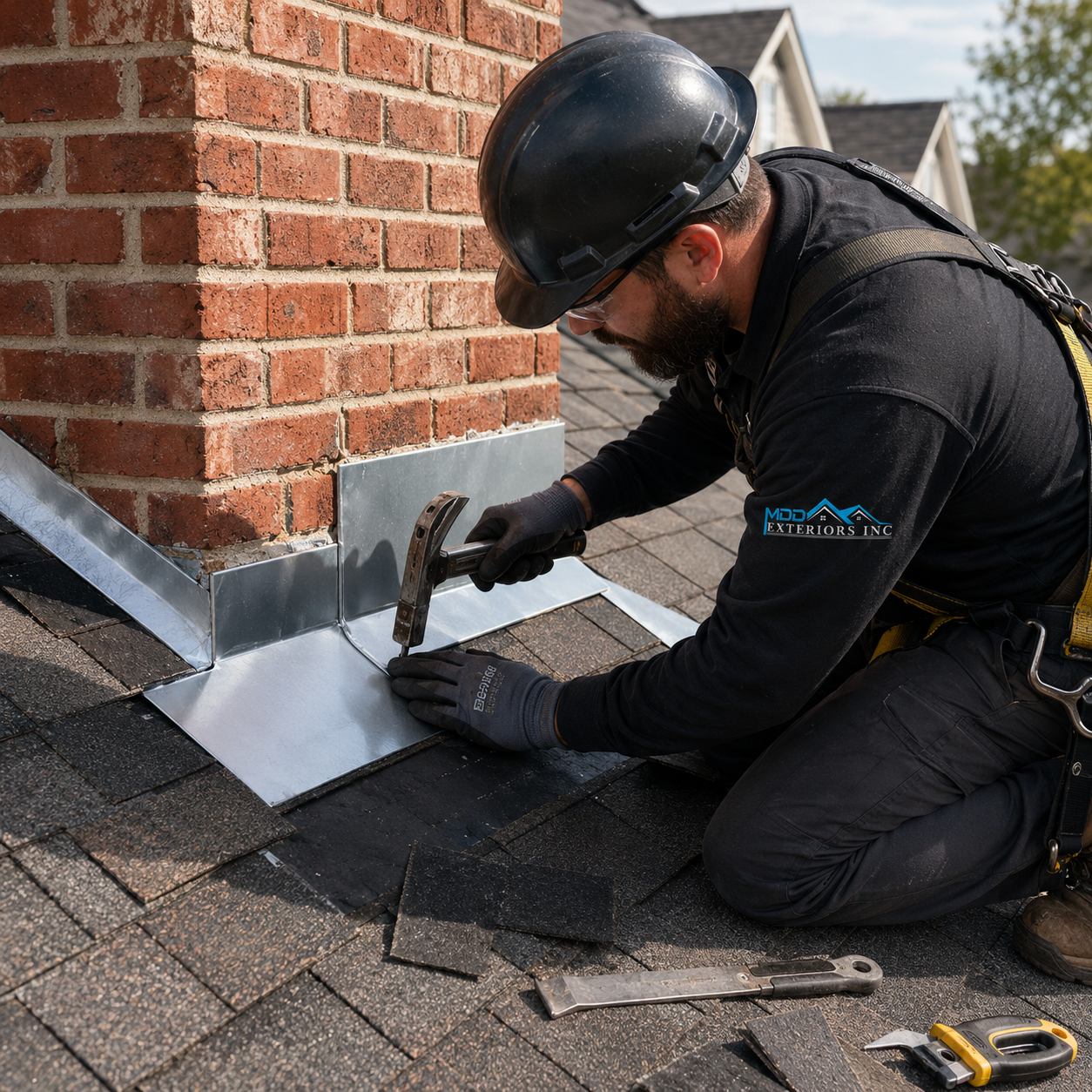 Roof flashing at valleys, chimney, and roof-to-wall junctions