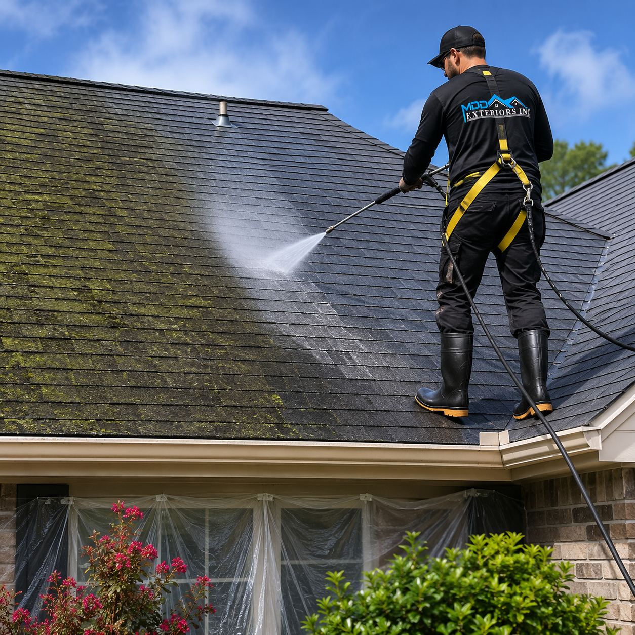 Roof cleaning removing algae and debris from a tile roof