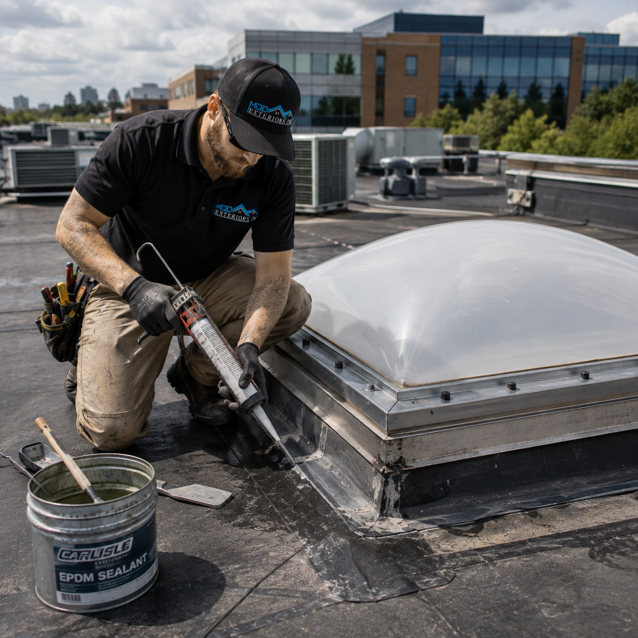 MDD Exteriors technician sealing skylight flashing on a commercial roof