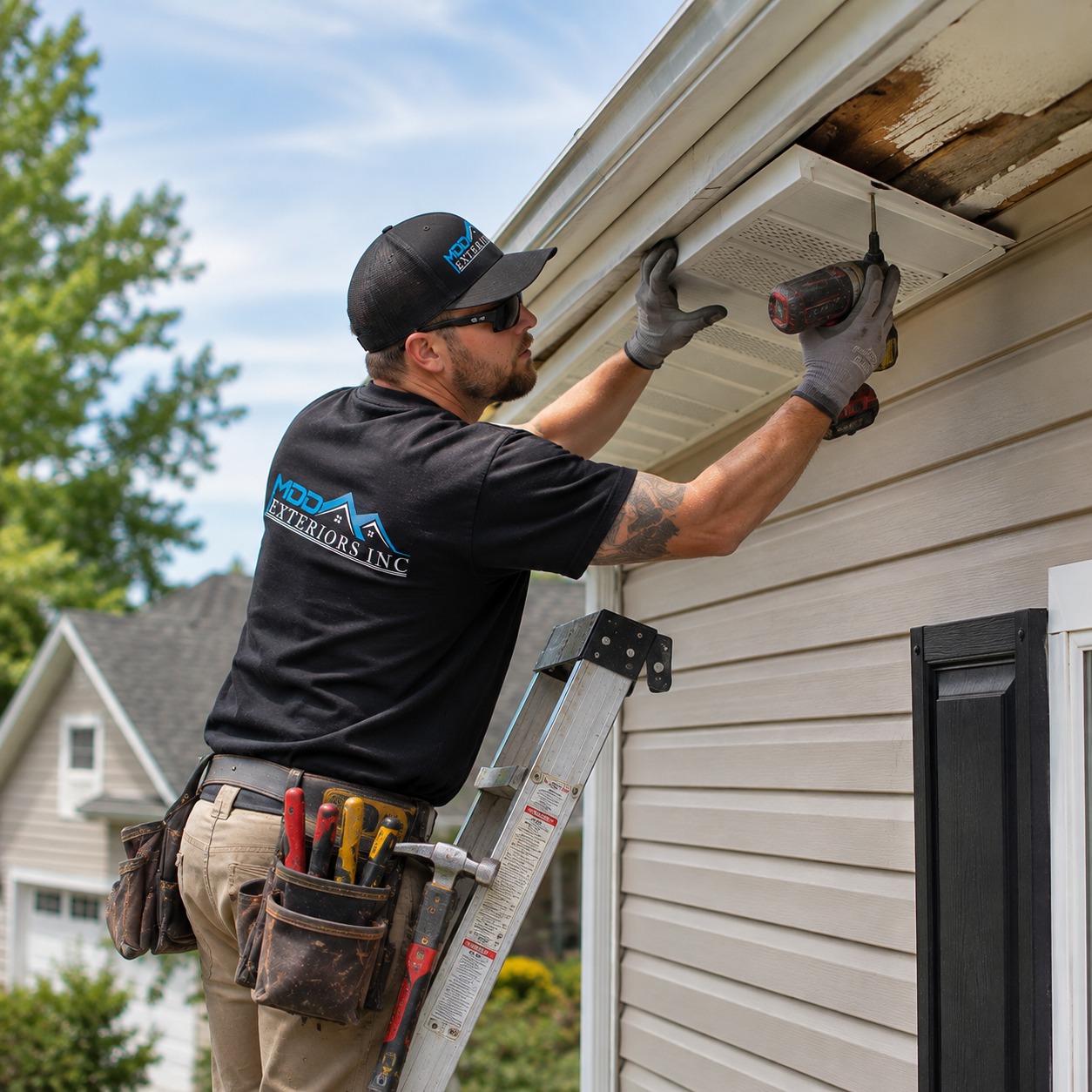 MDD Exteriors technician removing damaged, rotted fascia board before repair
