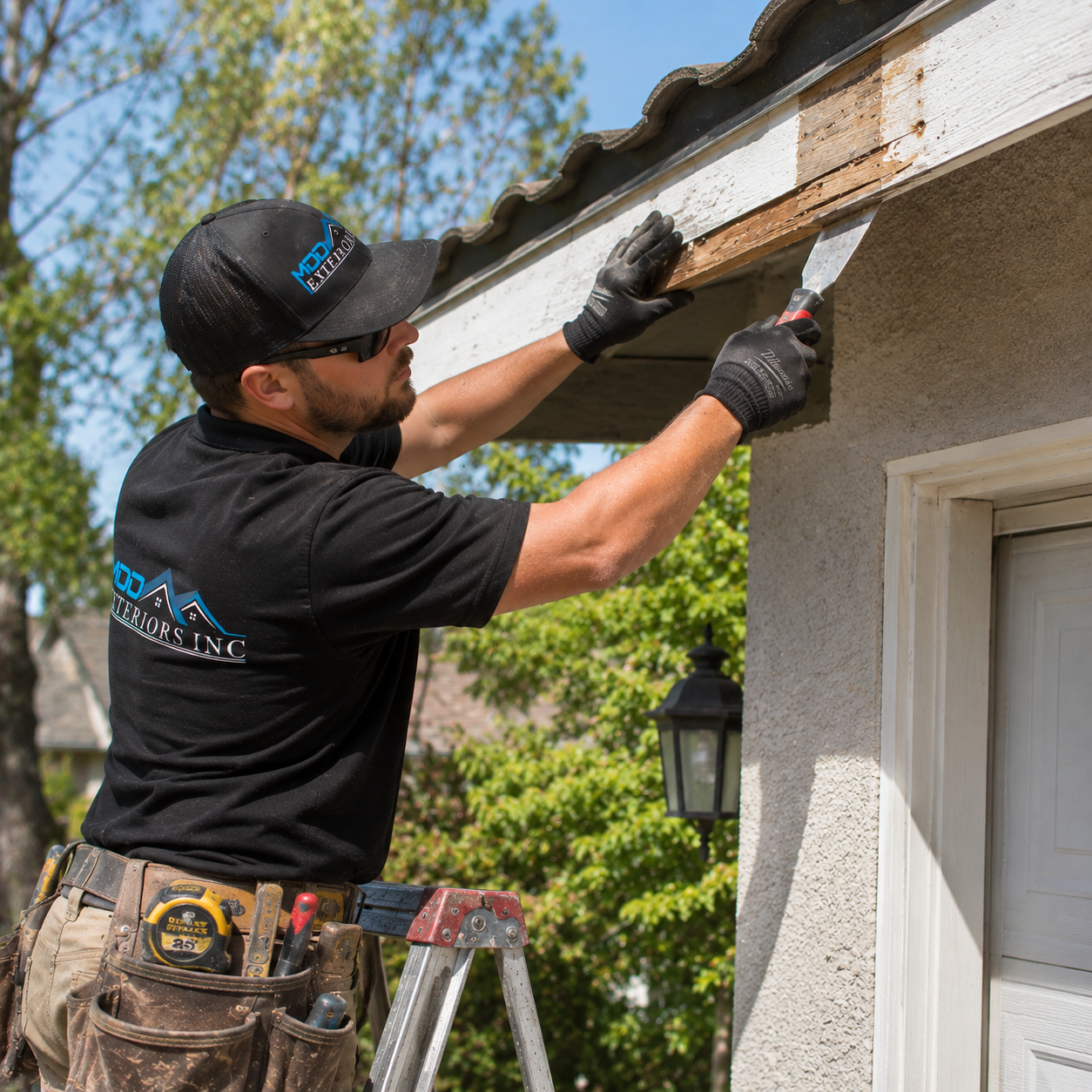 MDD Exteriors technician installing a new soffit panel along the roofline