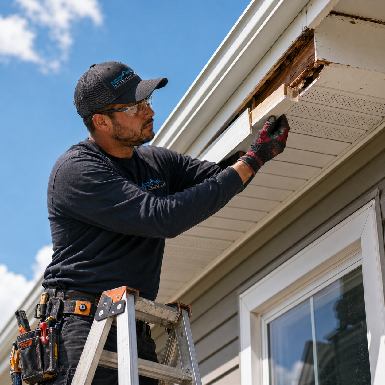 Soffit and fascia repair along a residential roofline