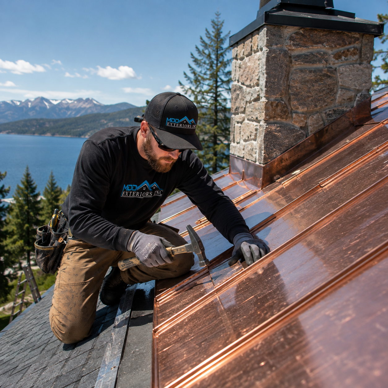 MDD Exteriors technician installing a standing seam copper roof panel beside a stone chimney